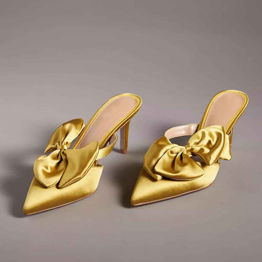 Yellow Satin Pointed Toe Stiletto Heel Mules with Bow