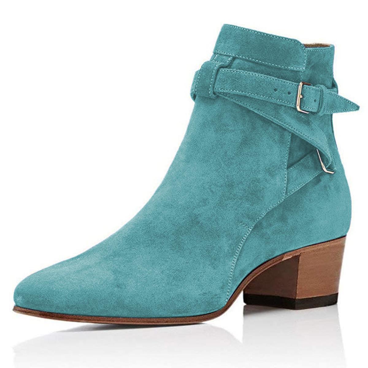 Women's Vegan Suede Closed-Toe Buckle Strap Chunky Heel Ankle Boots