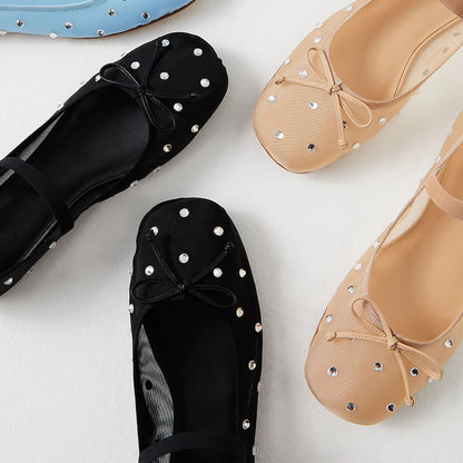 Black Mesh Round Toe Embellished Shiny Ballet Flats