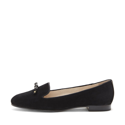 Black Vegan Suede Round Toe Flats Women's Loafers with Bow