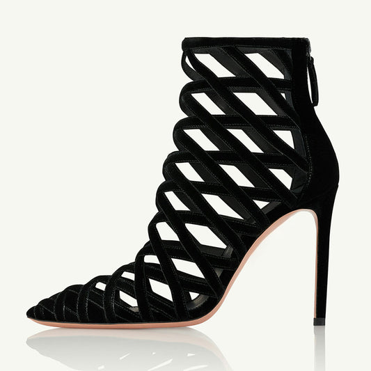 Black Velvet Woven Cage-Like Stiletto Heel Short Boots for Women