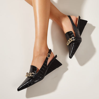 Black Croco Embossed Slingback Shoes Pointy Toe Block Heeled Loafers
