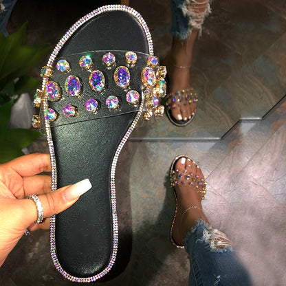 Transparent Strap Mules Round Toe Rhinestone Sandals Beach Flats