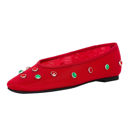 Women's Red Square Toe Mesh Ballet Flats with Colorful Studs