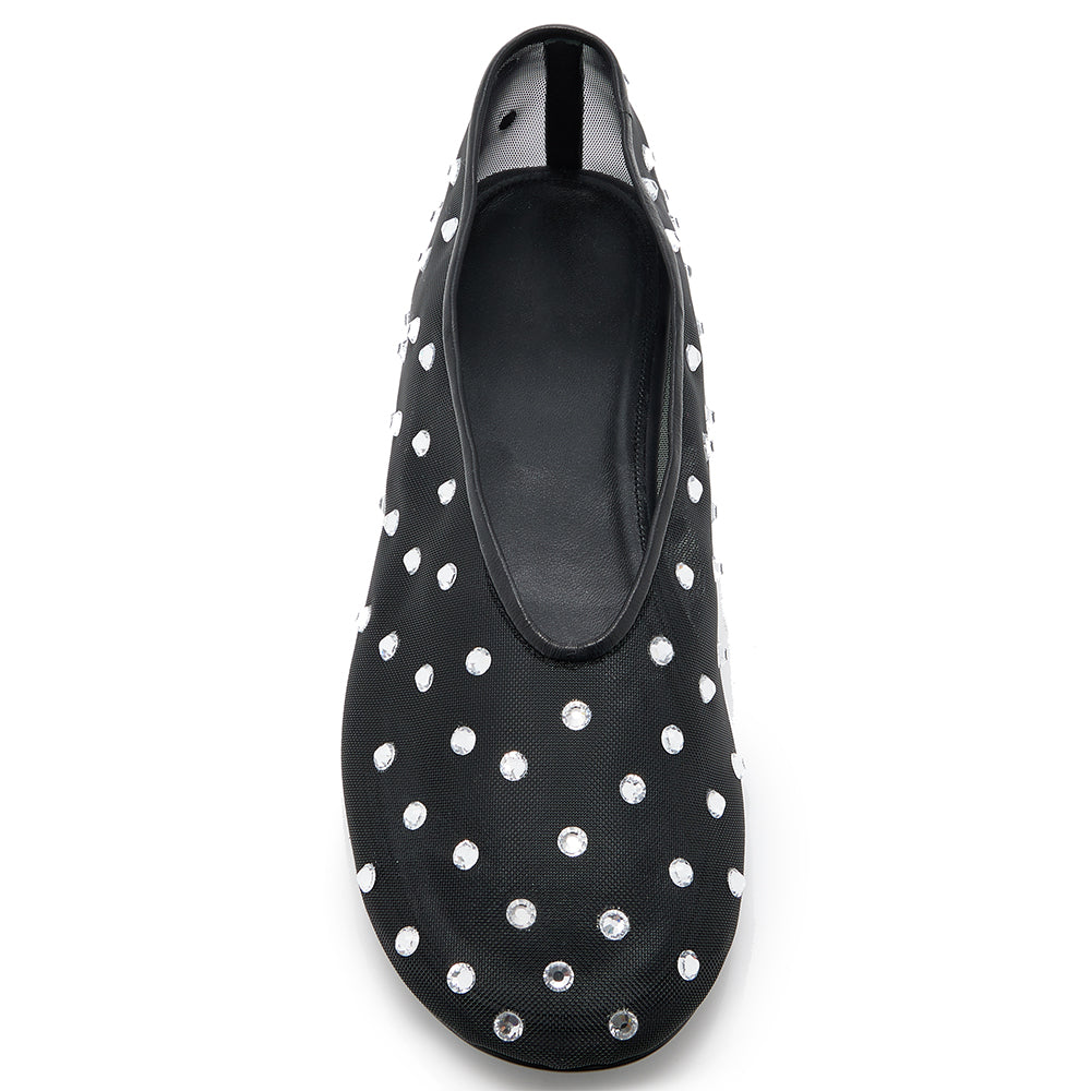 Women's Black Mesh Round-Toe Rhinestone Embellished Flats