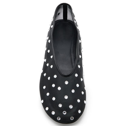 Women's Black Mesh Round-Toe Rhinestone Embellished Flats