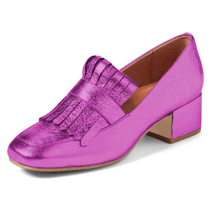 Fuchsia Square Toe Chunky Heels Fringe Women's Loafers