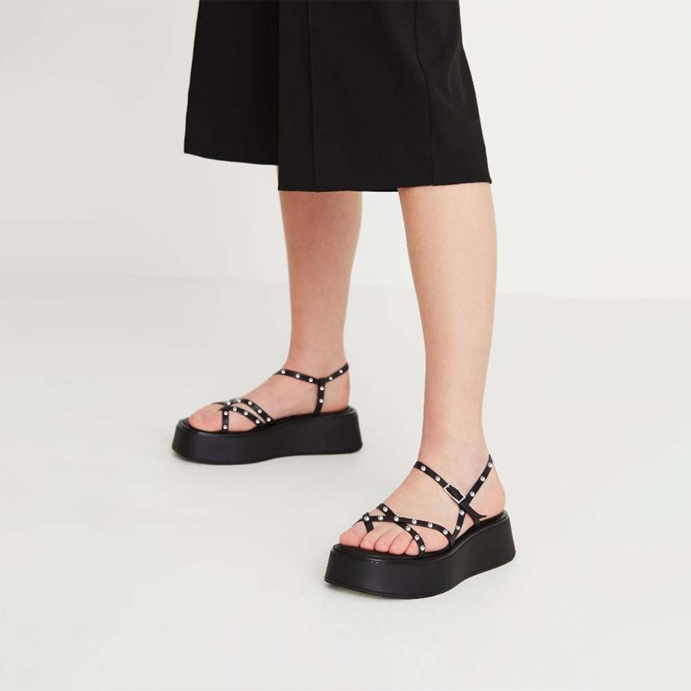 Black Summer Sandals With Platform Rhinestone Strapy Flats