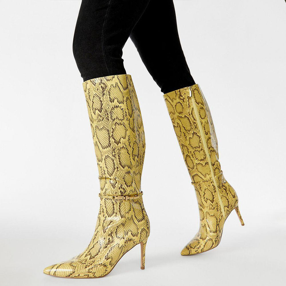 Yellow Python Embossed Stiletto Heel Buckle Decor Knee High Boots