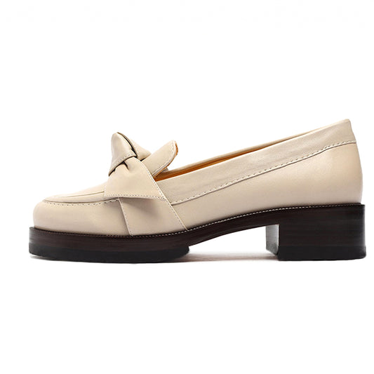 Beige Round Toe Casual Chunky Heel Women's Loafers with Knots