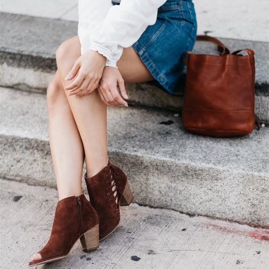 Brown Vegan Suede Peep Toe Side Lace Up Ankle Boots with Chunky Heel
