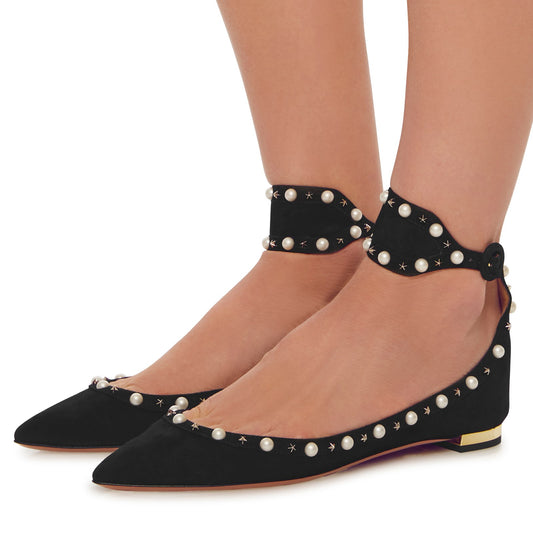 Pearls and Stars Embellished Ankle Strap Pointed Toe Flats in Black