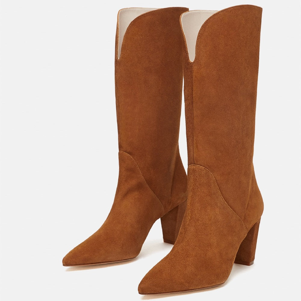 Tan Vintage Vegan Suede Pointy Toe Mid Calf Boots with Block Heels