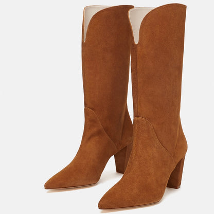 Tan Vintage Vegan Suede Pointy Toe Mid Calf Boots with Block Heels