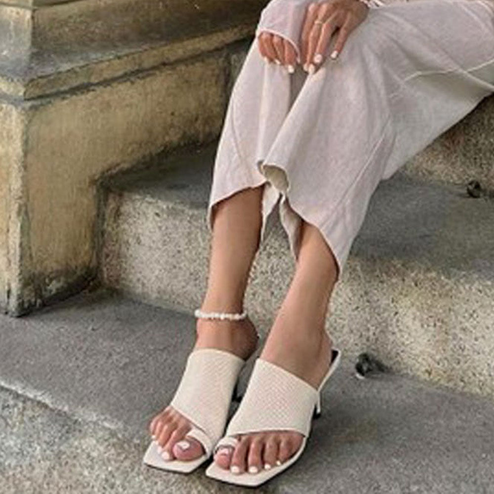 Beige Bone Snake Print Toe Ring Mules Sandals with Kitten Heel