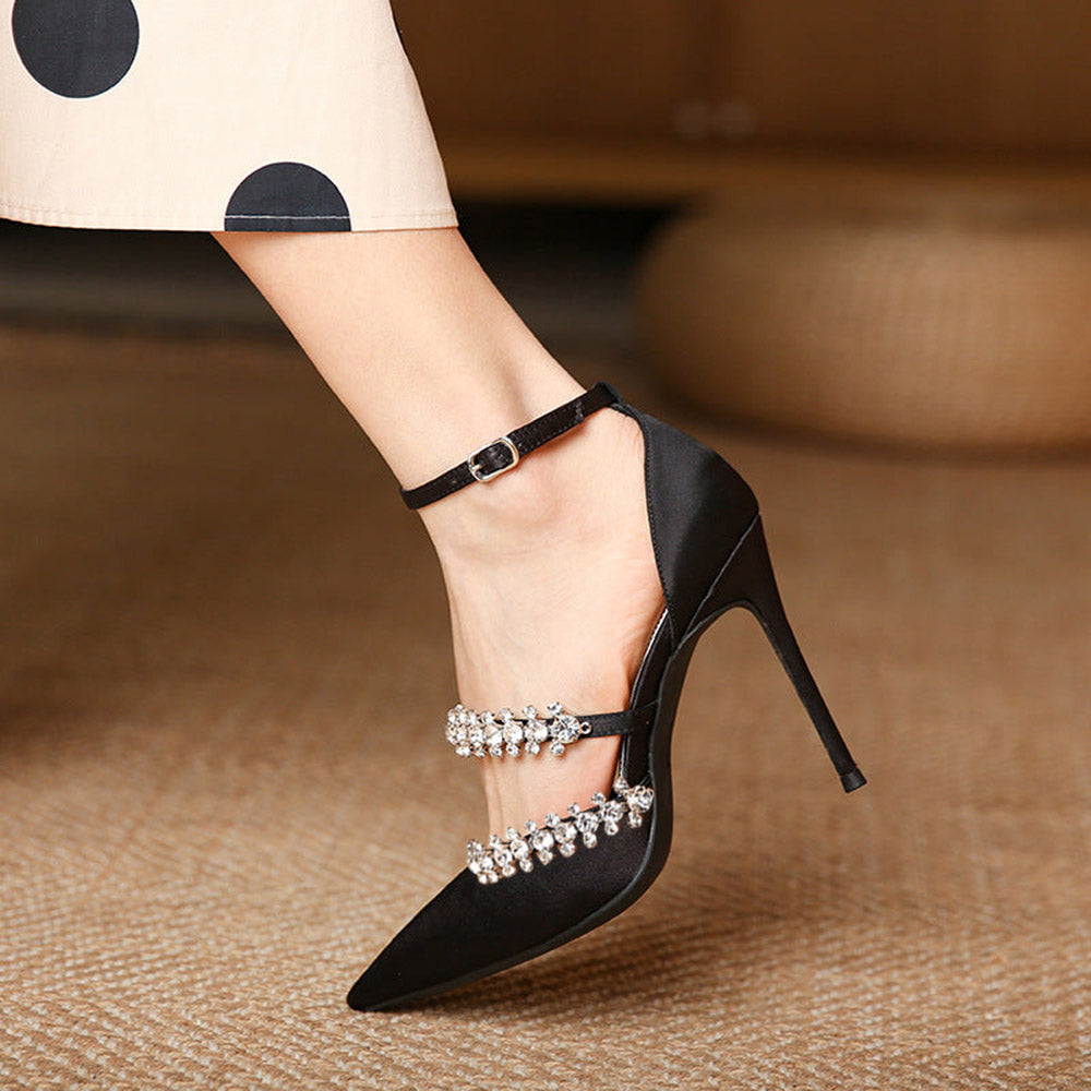 Women's Satin Pointed Toe Rhinestone Trim Ankle Strap Black Pumps
