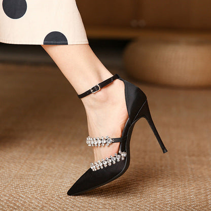 Women's Satin Pointed Toe Rhinestone Trim Ankle Strap Black Pumps