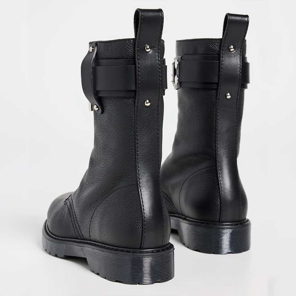 Black Round Toe Low Heel Front-Zip Ankle Boots with Buckle Straps