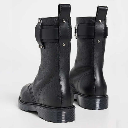 Black Round Toe Low Heel Front-Zip Ankle Boots with Buckle Straps