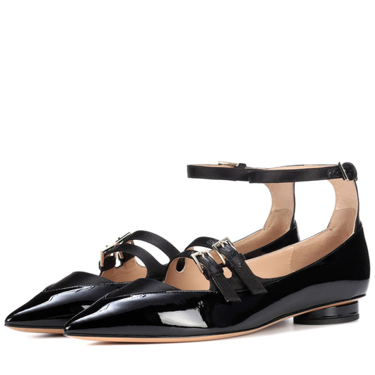 Black Patent Leather Mary Jane Shoes Three Strap Pointy Toe Flats
