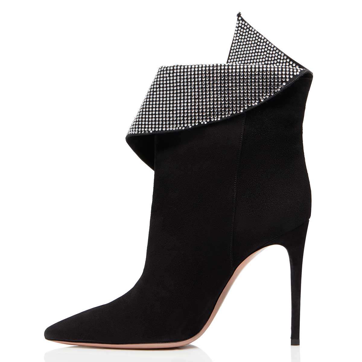 Black Fold Over Rhinestones Pointy Toe Stiletto Heel Ankle Boots