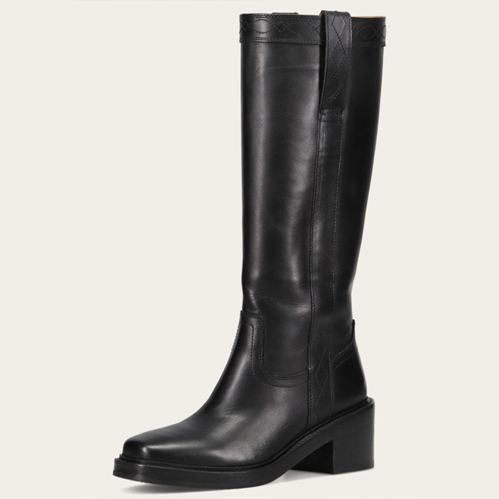 Black Pull-On Square Toe Block Heel Knee High Boots for Women