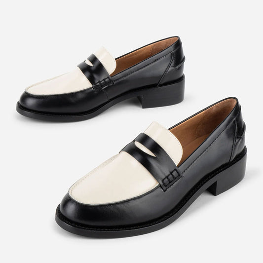 Black and White Round Toe Office Low Heel Penny Loafers Women