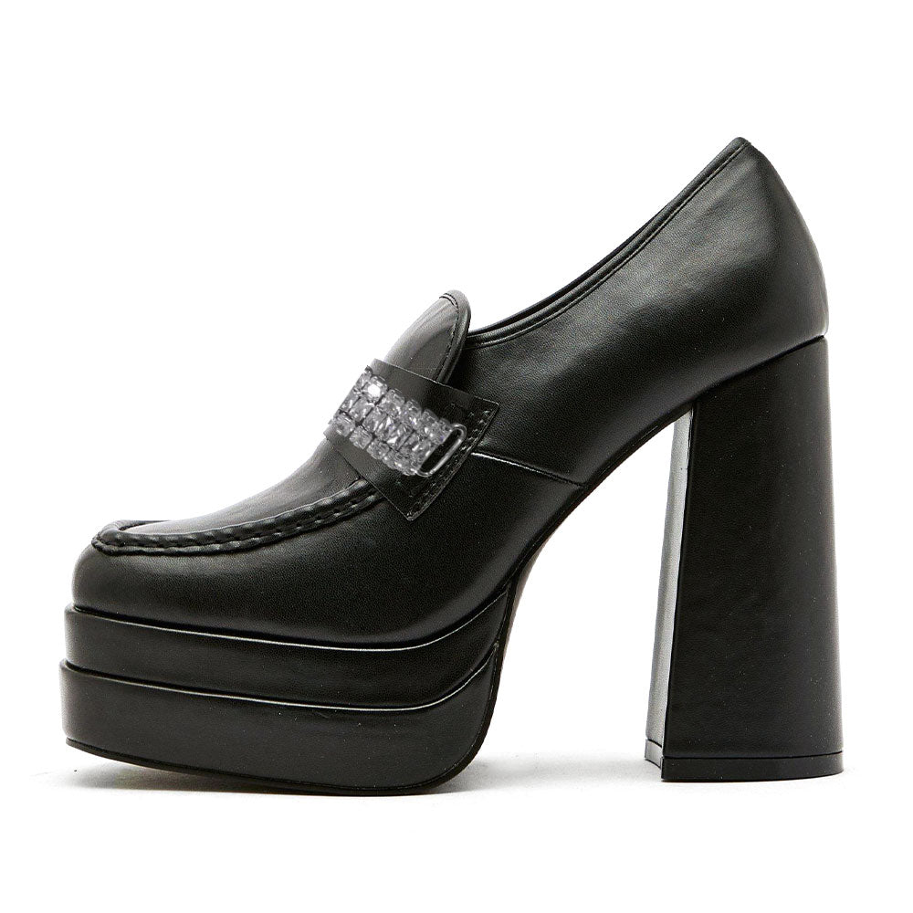 Black Square-Toe Crystal Strap Chunky Heel Platform Loafers