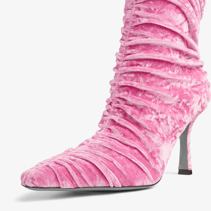 Pink Velvet Pointed Toe Pleated Spool Heel Classic Stretch Boots