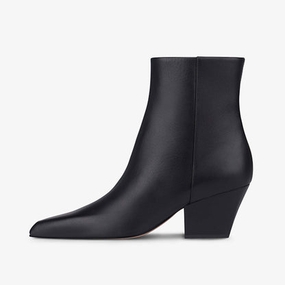Black Pointed Toe Block Heel Side Zipper Ankle Boots for Women