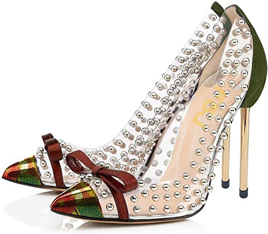 Women's Transparent PVC Splicing Studded Pumps Heels with Bowknot