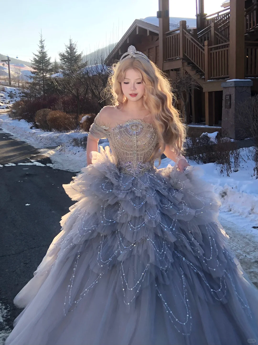 Gorgeous Glittering Sequined Beaded Off-the-shoulder Tulle Sweet 16 Quinceanera A-Line Evening Dress Ball Gown TP4299