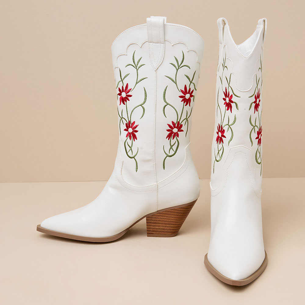 Elegant White Pointed Toe Flowers Embroidered Mid-Calf Cowgirl Boots