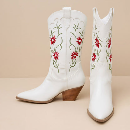 Elegant White Pointed Toe Flowers Embroidered Mid-Calf Cowgirl Boots