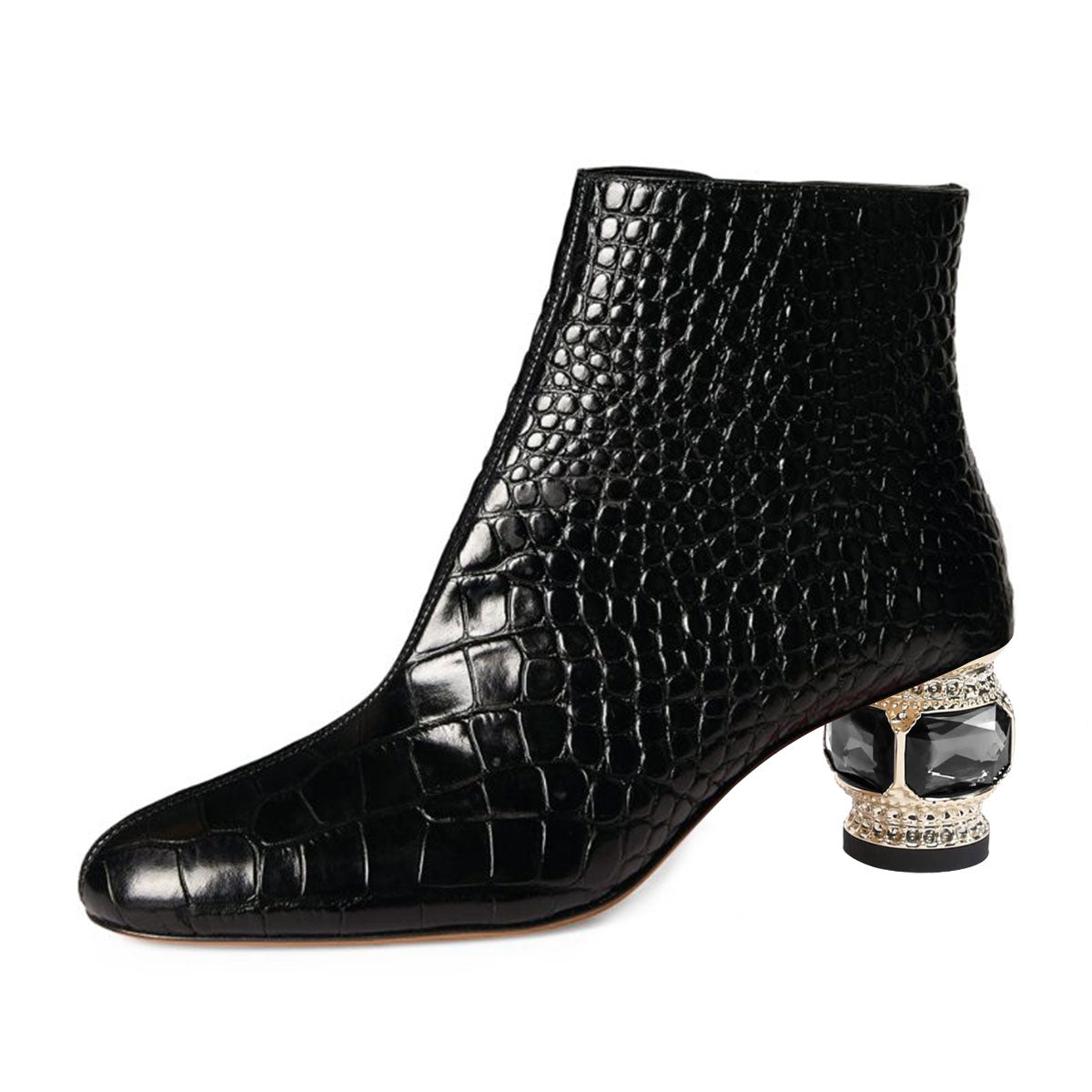 Black Pointed Toe Decorative Heel Side-Zip Ankle Boots