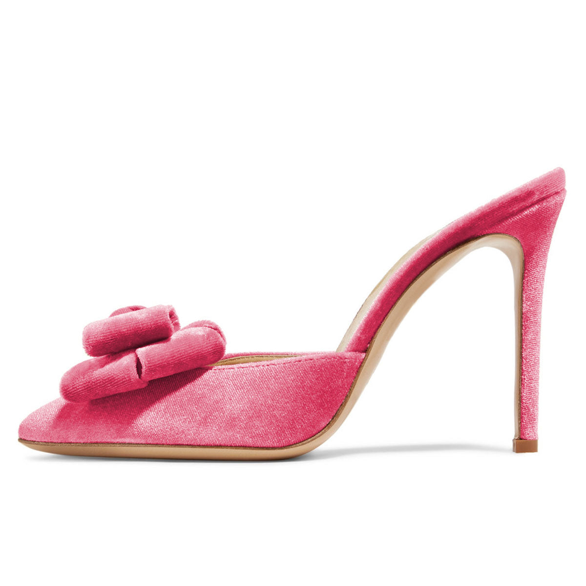 Women's Pink Velvet Bow Stiletto Heel Mules Shoes