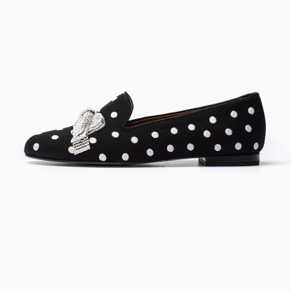 Black Dot Closed Toe Suede Loafers With Rhinestone Bow Decor Low Heel Chunky Loafers