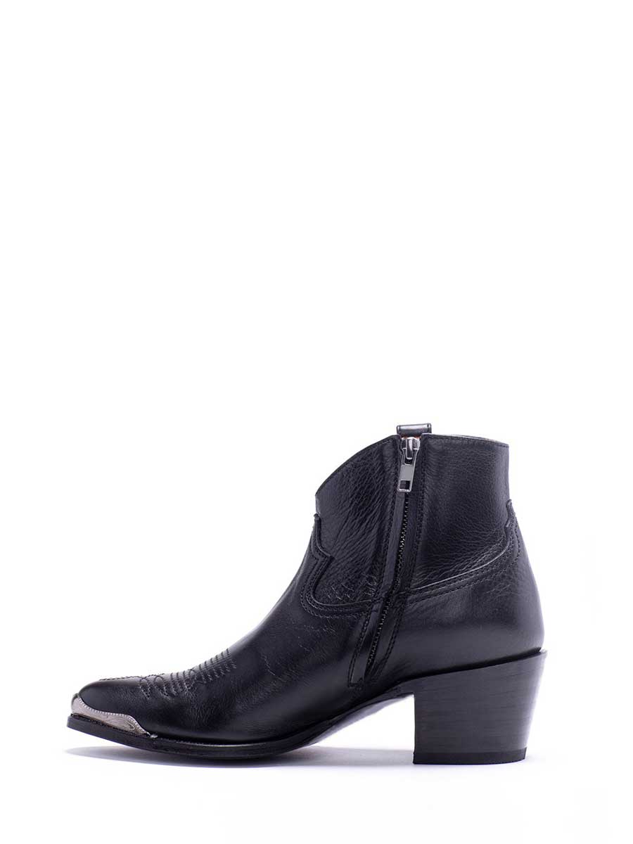 Black Vegan Leather Pointed Toe Side-Zipped Block Heeled Cowgirl Ankle Boots