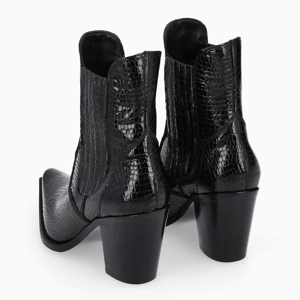 Black Snip Toe Python Embossed Chelsea Western Heeled Ankle Boots
