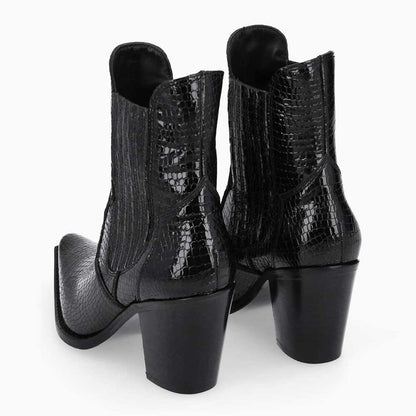 Black Snip Toe Python Embossed Chelsea Western Heeled Ankle Boots