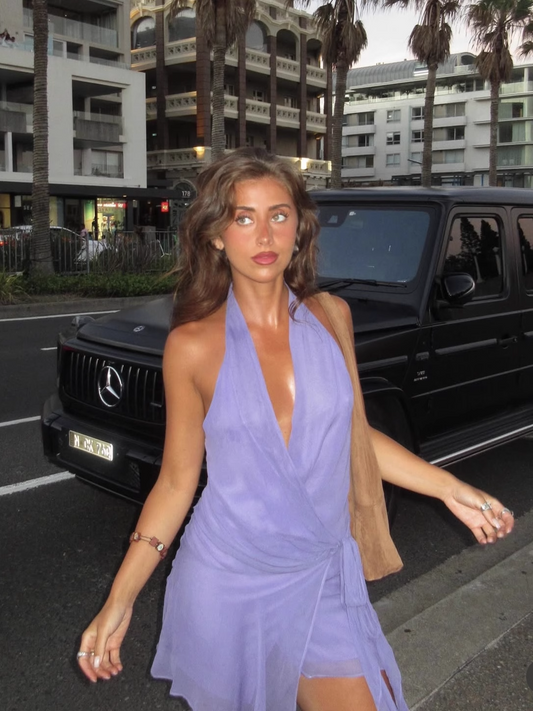 Simple Purple V-neck Halter Dress Design A-line Tulle Party Dress Homecoming Dress TP3853