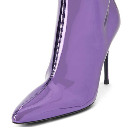Purple Metallic Patent Leather Pointed Toe Side-Zip Knee High Boots