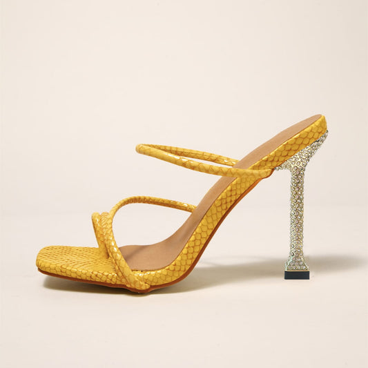Yellow Open Toe 4'' Decorative Heel Strappy Mules