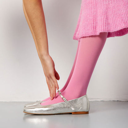 Silver Vegan Leather Distressed Square Toe Buckle Strap Ballet Flats