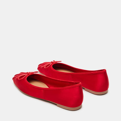 Women's Satin Ruched Square Toe Bow Embellished Ballet Flats in Red