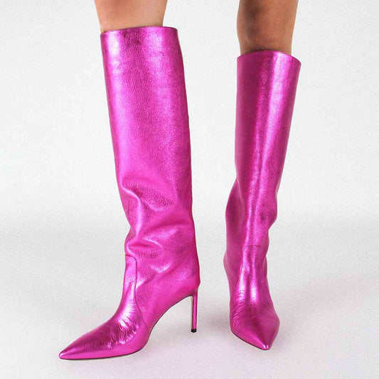 Fuchsia Metallic Pointed Toe Stiletto Heel Wide Calf Knee High Boots