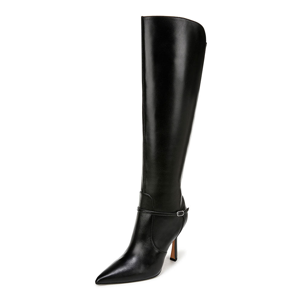Black Pointy Toe Buckle Strap Detail Knee High Boots with Side Zipper