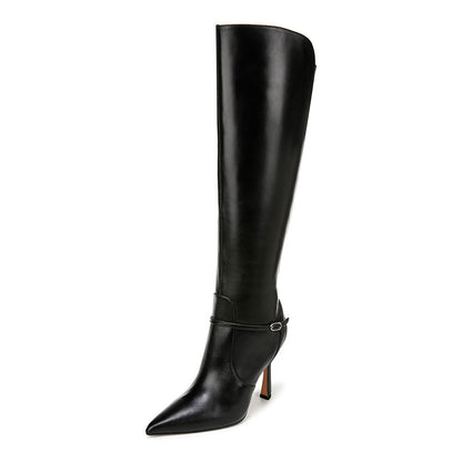 Black Pointy Toe Buckle Strap Detail Knee High Boots with Side Zipper