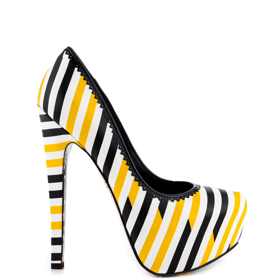Yellow and Black Striped Print Closed Toe High Heels Platform Pumps