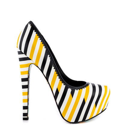 Yellow and Black Striped Print Closed Toe High Heels Platform Pumps